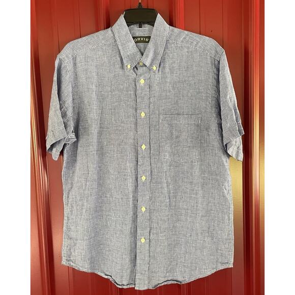 Orvis Shirt Linen Houndstooth Short Sleeve‎ Lightweight Camp Mens Large - Picture 1 of 7
